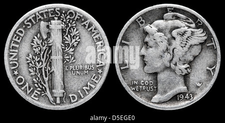 1 Dime (10 cents) pièce d'argent, le Mercure Dime, USA, 1943 Banque D'Images