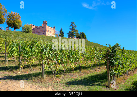 Château médiéval de Grinzane Cavour entre les vignes sur la descente sous ciel bleu clair en Piémont, Italie du Nord. Banque D'Images