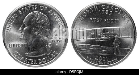 Trimestre pièce de un dollar, North Carolina, USA, 2001, sur fond blanc Banque D'Images