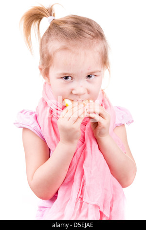 Petite fille malade avec la varicelle citron manger isolated on white Banque D'Images