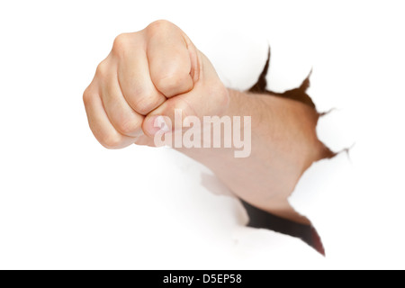 Fist punching sur papier isolé sur fond blanc Banque D'Images