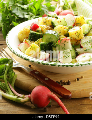 Salade de pommes de terre et de concombre et radis Banque D'Images