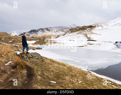 Woman looking over partiellement congelée Alcock Tarn Cumbria England UK Banque D'Images