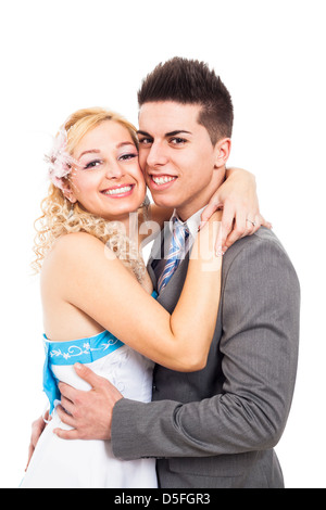 Portrait of young happy wedding couple, isolé sur fond blanc Banque D'Images
