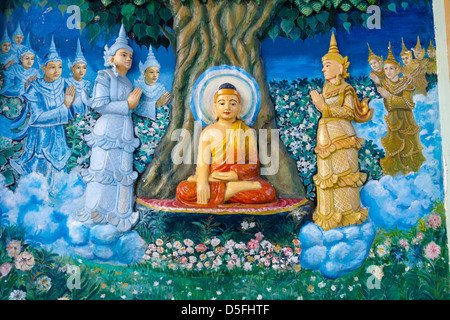 Tableau représentant la vie de Bouddha sur un mur de salle de prière, la pagode Shwedagon à Yangon (Rangoon), le Myanmar (Birmanie), Banque D'Images