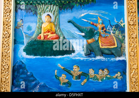 Tableau représentant la vie de Bouddha sur un mur de salle de prière, la pagode Shwedagon à Yangon (Rangoon), le Myanmar (Birmanie), Banque D'Images