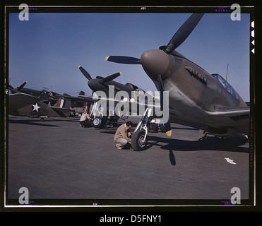 Les avions de chasse P-51 (Mustang) sont en préparation pour un vol d'essai dans le champ de North American Aviation, Inc., à Inglewood, en Californie (LOC). Banque D'Images