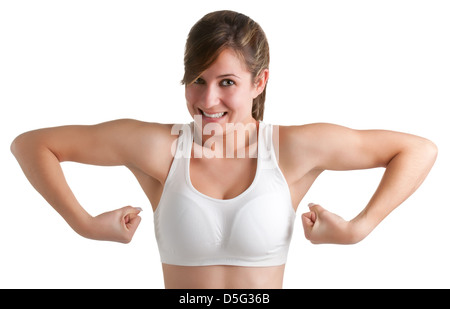 Femme drôle flexing muscles, isolé dans un fond blanc Banque D'Images