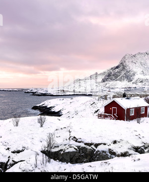 Un Rorbu sur la côte près de Sakrisoy sur les îles Lofoten, Norvège Banque D'Images