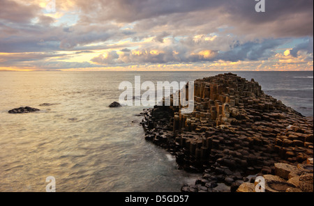 Coucher du soleil sur la dynamique des géants - Côte d'Antrim, Irlande du Nord, Royaume-Uni. Banque D'Images