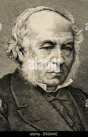 Rowland Hill (1795-1879). L'enseignant britannique et créateur du premier timbre-poste, le Penny black. La gravure. Banque D'Images