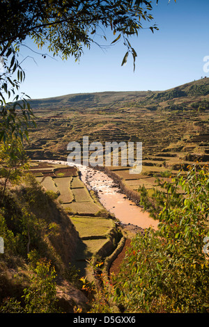 Madagascar, Ambatolampy, rivière qui coule à travers le paysage agricole Banque D'Images