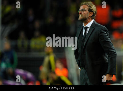 L'entraîneur-chef Dortmunds Juergen Klopp réagit au cours de l'UEFA Champions League GROUPE D match de football Ajax Amsterdam vs Borussia Dortmund BVB au stade de Dortmund, Allemagne, 18 septembre 2012. Photo : Marius Becker dpa/lnw Banque D'Images