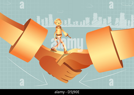 Image d'illustration de businessman walking on robotique handshake représentant fusion Banque D'Images