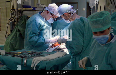 Chirurgien cardiaque Ivan Netuka (gauche) met une nouvelle pompe sanguine mécanique dans la poitrine du patient à l'Institut de médecine clinique et expérimentale (IKEM) à Prague, République tchèque, le 3 avril 2013. IKEM fête ses dix ans à l'aide de cette méthode. (Photo/CTK Michal Dolezal) Banque D'Images