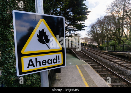 Les conducteurs de train d'avertissement signe que les feuilles peuvent être sur la ligne de chemin de fer Banque D'Images