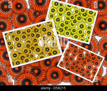 Un brillant collage abstrait moderne design avec motifs floraux daisy en rouge et jaune orange rouge superposée à marguerites. Banque D'Images