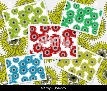 Un brillant collage abstrait moderne design avec motifs floraux daisy en rouge vert bleu et jaune superposée à un marguerites jaunes. Banque D'Images