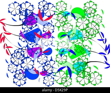 Une photo deux abstract design moderne avec des motifs géométriques et floraux aux couleurs lumineuses superposées sur un fond blanc . Banque D'Images