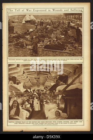 Cette image représente la souffrance des soldats pendant la première Guerre mondiale, montrant une station de secours de l'armée britannique avec des soldats blessés sur des civières. Il met en évidence le bilan physique et émotionnel de la guerre. Banque D'Images