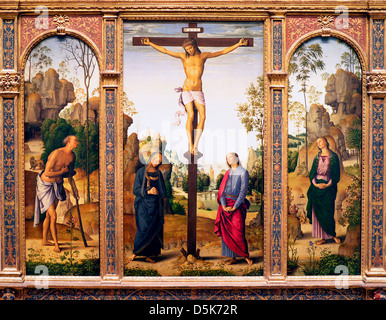 La Crucifixion avec la Vierge, Saint John, Saint Jérôme et Sainte Marie Madeleine - Pietro Perugino Banque D'Images