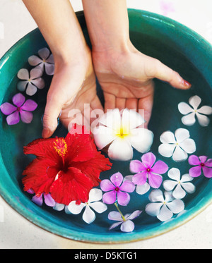 Des mains humaines dans un bol avec des têtes de fleurs flottant Banque D'Images