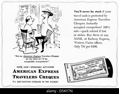 Publicité 1950 American Express Chèques de voyage annonce dans le magazine américain vers 1954 Banque D'Images