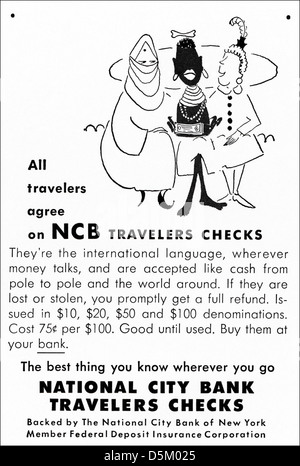 Publicité 1950 National City Bank de chèques de voyage annonce dans le magazine américain vers 1954 Banque D'Images