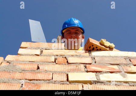 Construction Worker wearing blue helmet holding truelle en acier inoxydable et en brique à la baisse par brick wall Banque D'Images