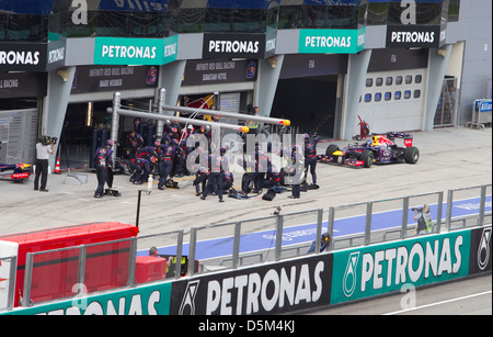 L'équipe de Sebastian Vettel Red Bull entre les carrières de pneus au GP de F1 de Malaisie Banque D'Images