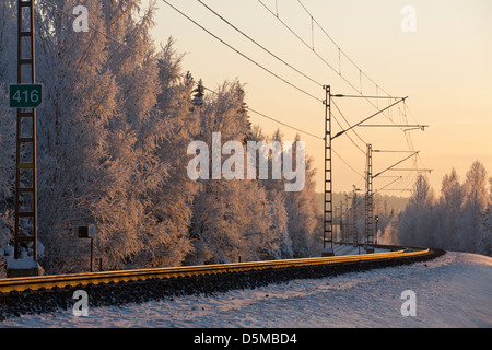 Les rails de chemin de fer à la lumière du soir , Finlande Banque D'Images