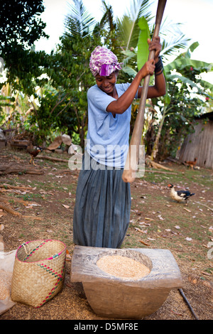 Madagascar, Nosy Be, Anjiamarango, village de pêche battant femme riz avec grand pilon Banque D'Images