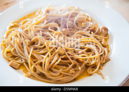 Aghetti (pâtes) alla carbonara faites avec bacon, œufs, fromage et poivre noir Banque D'Images