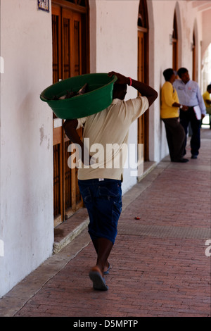 Homme porte un panier rempli de poissons à travers les rues de Cartagena de Indias, Colombie. Banque D'Images