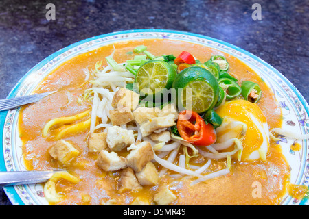 Malay Mee Rebus plat de nouilles garnies de couper les poivrons et le céleri chinois Tofu Oeuf dur libre Banque D'Images