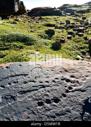 Sculptures rupestres préhistoriques à Oukaimeden station de ski dans les montagnes du Haut Atlas au Maroc Banque D'Images