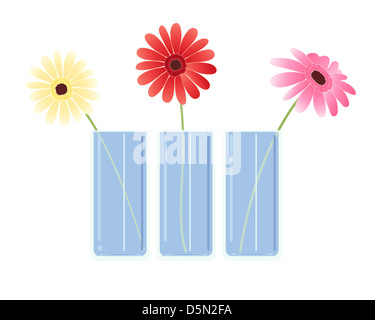 Une illustration de trois gerbera dans verre vases bleus isolé sur un fond blanc avec un espace réservé au texte Banque D'Images