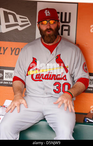 San Francisco, Californie, USA. 5 avril 2013. Cardinals de Saint-Louis pitcher Jason Motte avant un match entre les Géants et les fiches à AT & T Park à San Francisco, Californie. Les Géants battre les cartes 1-0...Daniel Gluskoter/CSM ..Daniel Gluskoter/CSM/Alamy Live News Banque D'Images