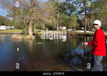 Ernie's d'un étang, avec ses cyprès, de l'île pêche propose gratuitement au public à Highland Park Fish Camp près de Deland, FL. Banque D'Images