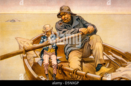 Le coup de main - Caricature politique montrant John Pierpont Morgan et l'Oncle Sam un bateau d'aviron. Banque D'Images