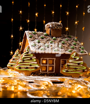 Belle maison avec des lumières sur fond sombre Banque D'Images