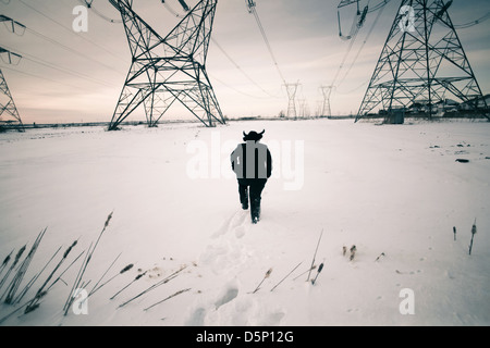 Un homme marche sous des lignes électriques en hiver, dans St-Bruno, Québec. Le 27 février 2011. Banque D'Images