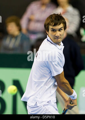 07.04.2013 Coventry, en Angleterre. La Russie Evgeny Donskoy au cours de l'Euro/Groupe I de la zone Afrique Coupe Davis entre la Grande Bretagne et de la Russie de la Ricoh Arena. Banque D'Images