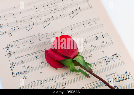 Une feuille de musique avec une rose rouge Banque D'Images