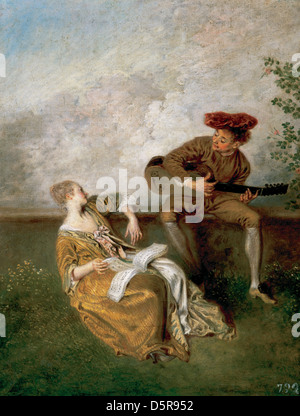 Jean-Antoine WATTEAU (1684-1721). Le peintre français. La leçon de chant, 1717-18. Guitariste et jeune dame avec un livre de musique. Banque D'Images