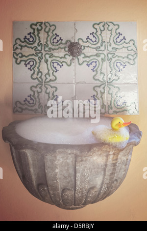 Un canard en caoutchouc jaune assis sur une vieille fontaine avec mousse Banque D'Images