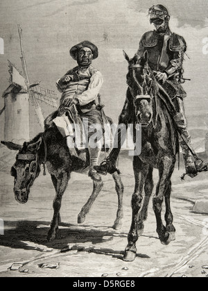 L'ingénieux hidalgo Don Quichotte de la Manche par Cervantes. Don Quichotte et Sancho Panza après l'aventure des moulins à vents Banque D'Images