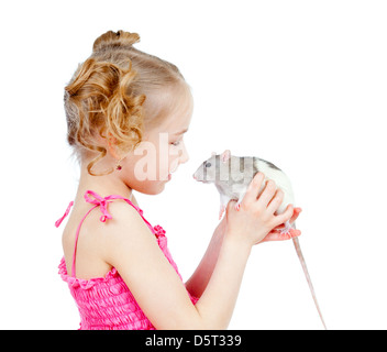 Adorable enfant avec rat domestique Banque D'Images