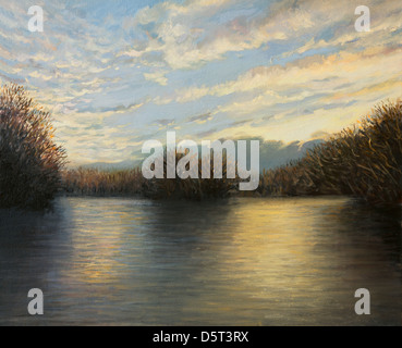Une peinture à l'huile sur toile d'un lac paisible paysage par éclairer les derniers rayons d'un jour d'automne. Banque D'Images