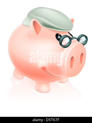 L'épargne retraite tirelire concept d'une tirelire argent fort dans la vie des personnes âgées et des lunettes. Banque D'Images